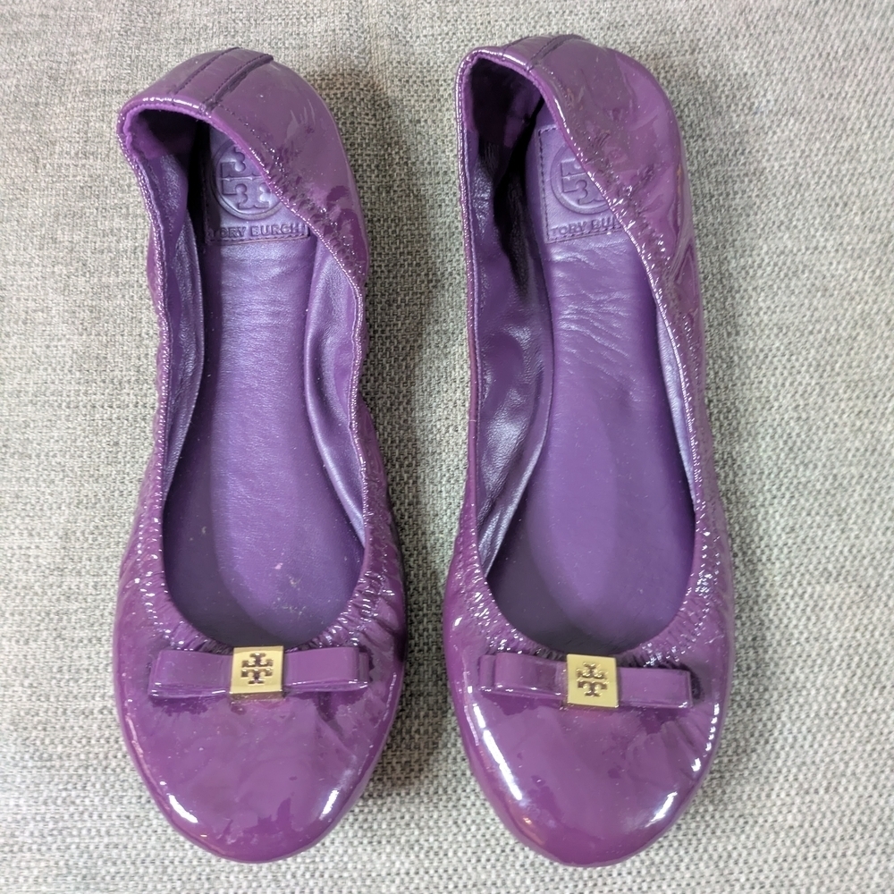 Tory Burch Purple Patent Leather Ballet Flats Logo Bow Size 11 Women’s Slip On
